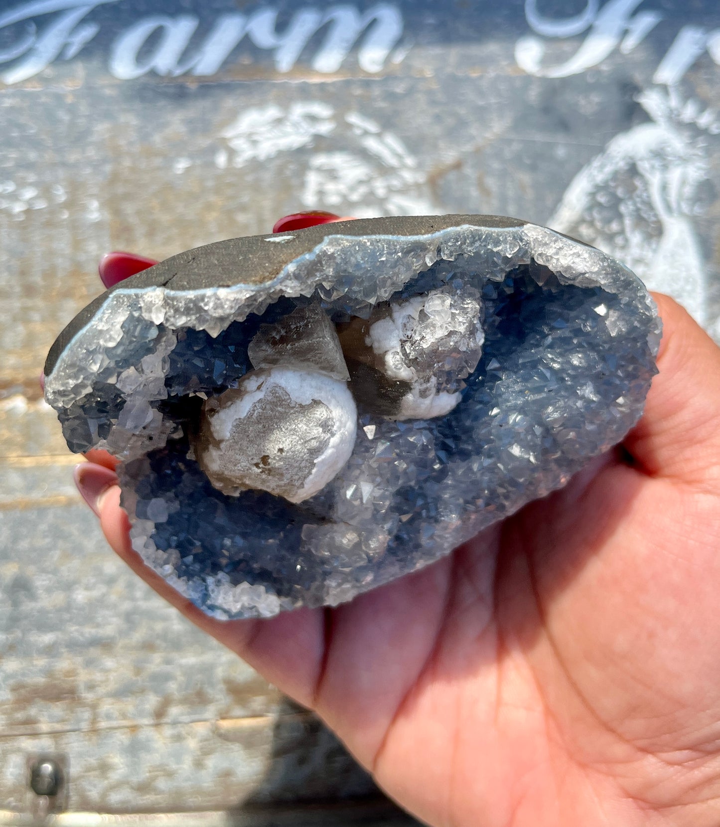 Gorgeous Botryoidal Fluorite on Blue Chalcedony Geode from India