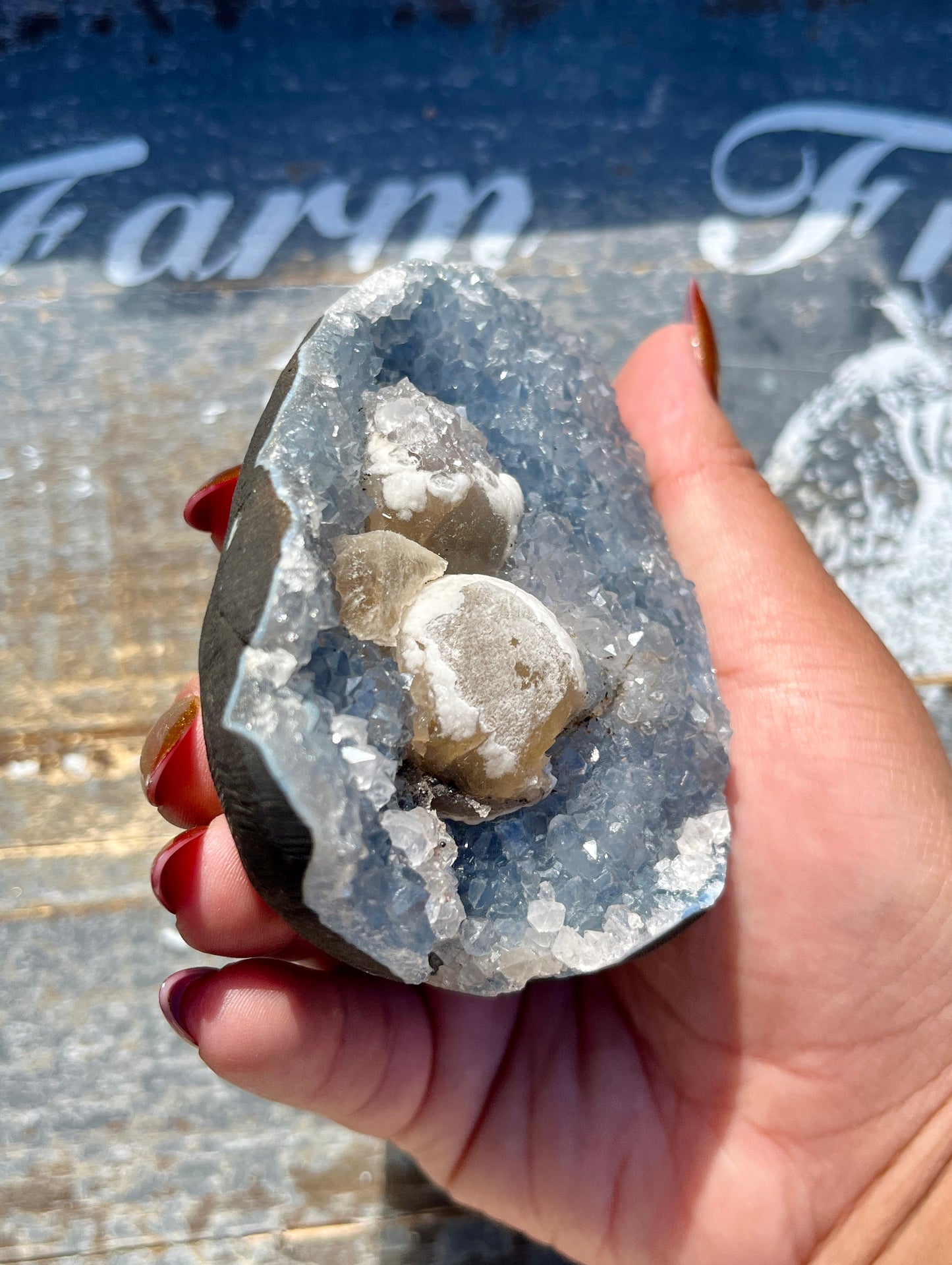 Gorgeous Botryoidal Fluorite on Blue Chalcedony Geode from India