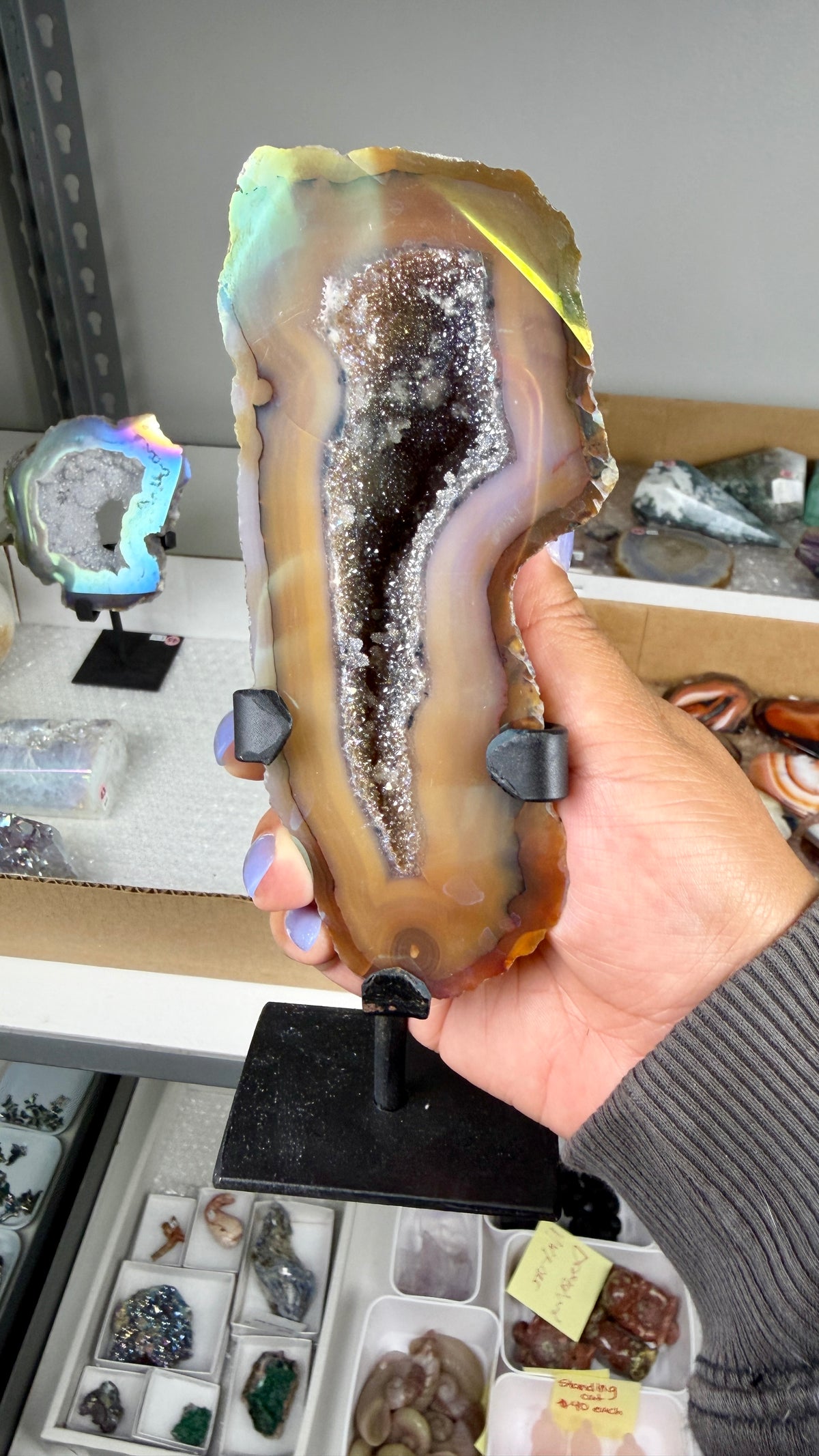 Gorgeous Aura Agate Geode on Stand with Druzy | Brazil | Opt 47
