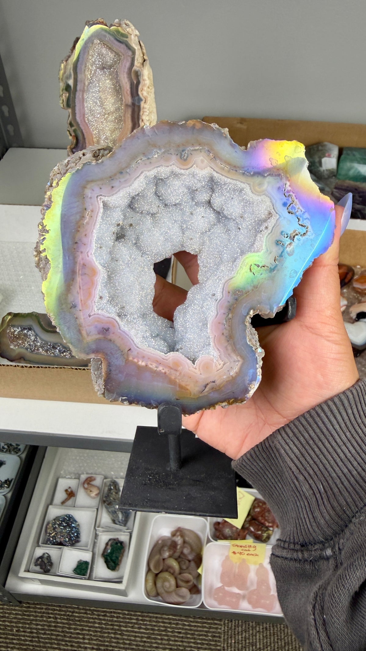 Gorgeous Aura Agate Geode on Stand with Druzy | Brazil | Opt 45