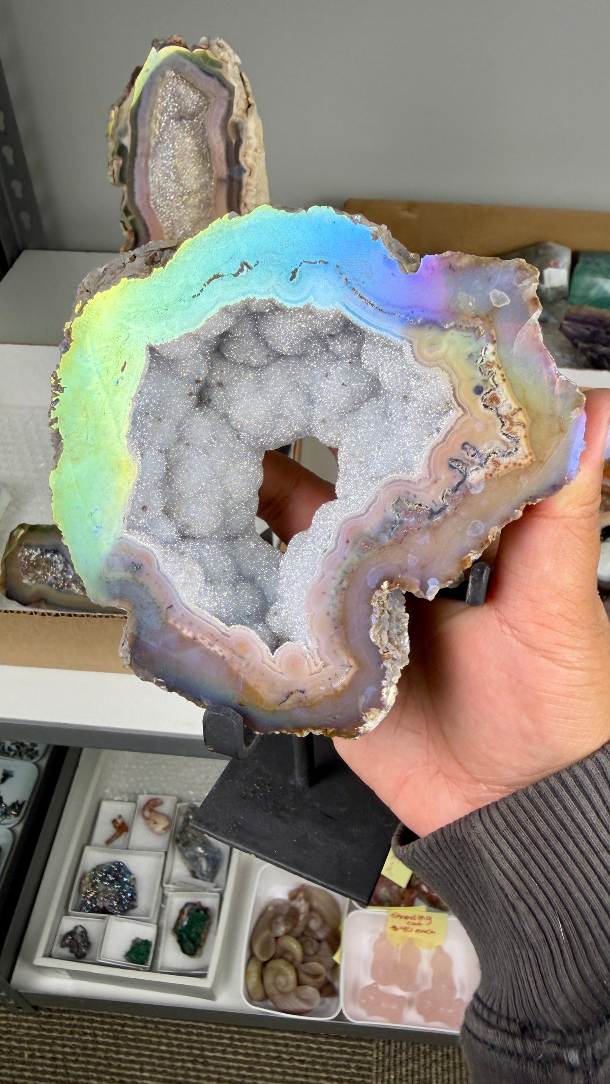Gorgeous Aura Agate Geode on Stand with Druzy | Brazil | Opt 45