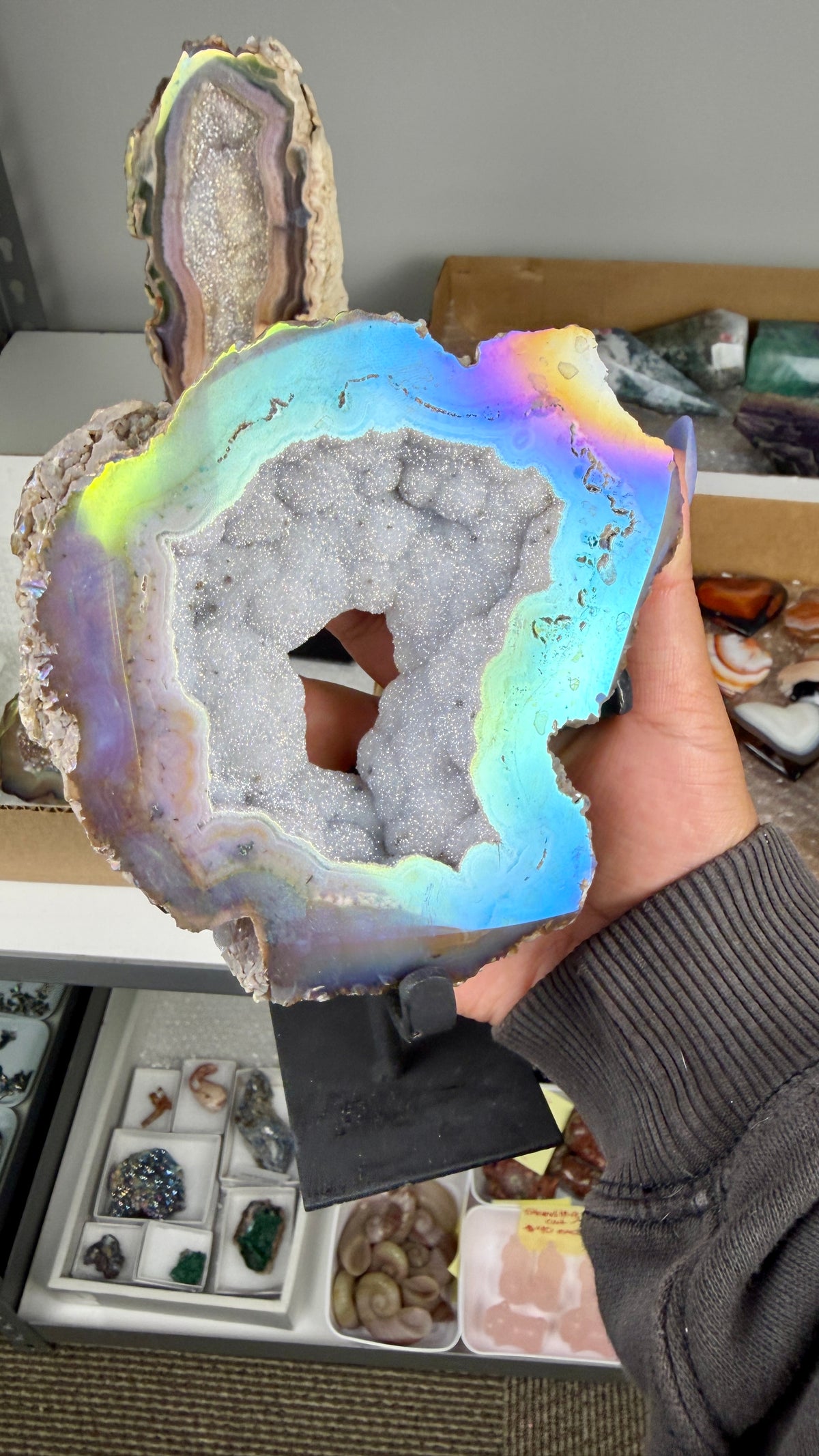 Gorgeous Aura Agate Geode on Stand with Druzy | Brazil | Opt 45