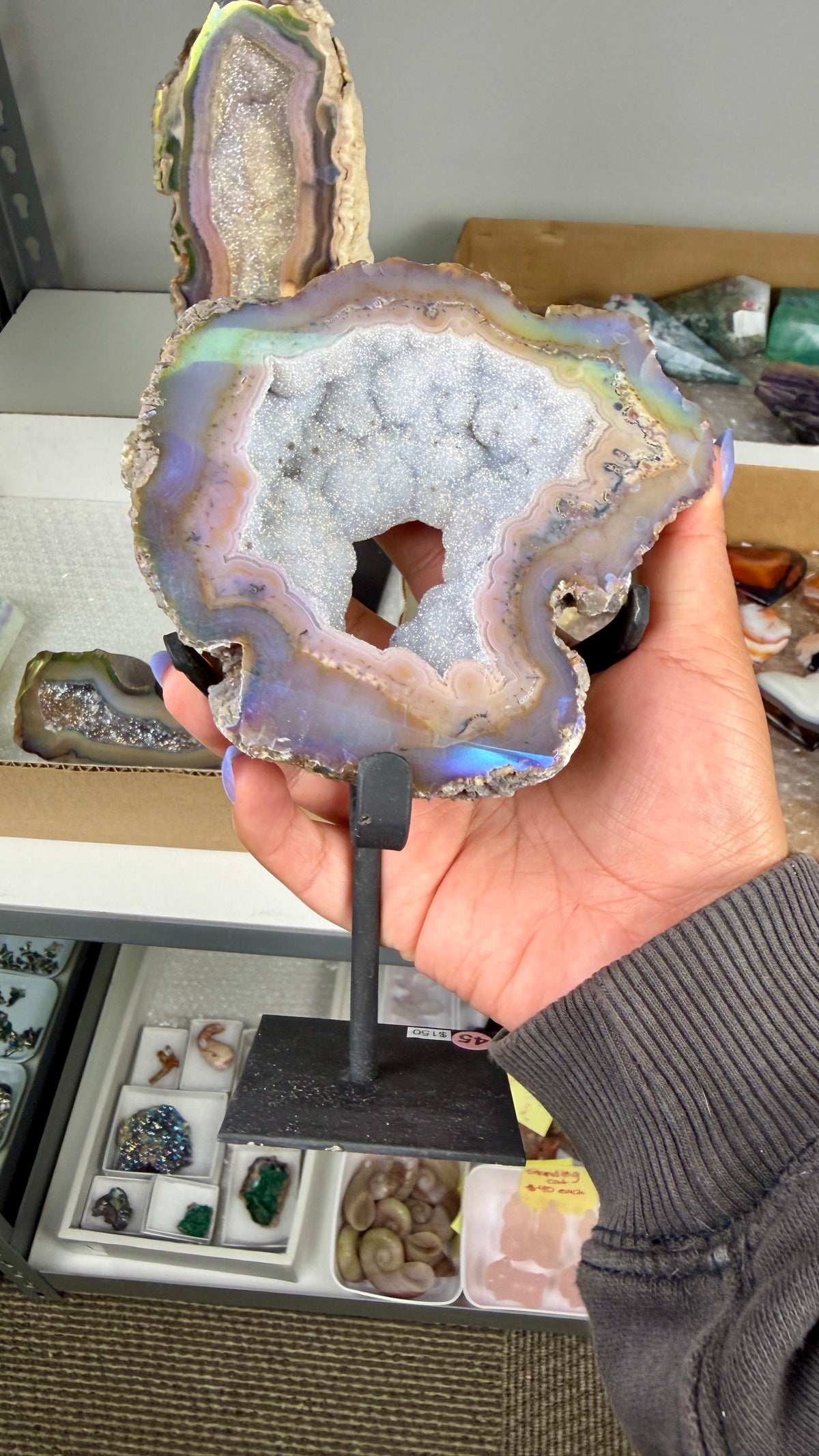 Gorgeous Aura Agate Geode on Stand with Druzy | Brazil | Opt 45