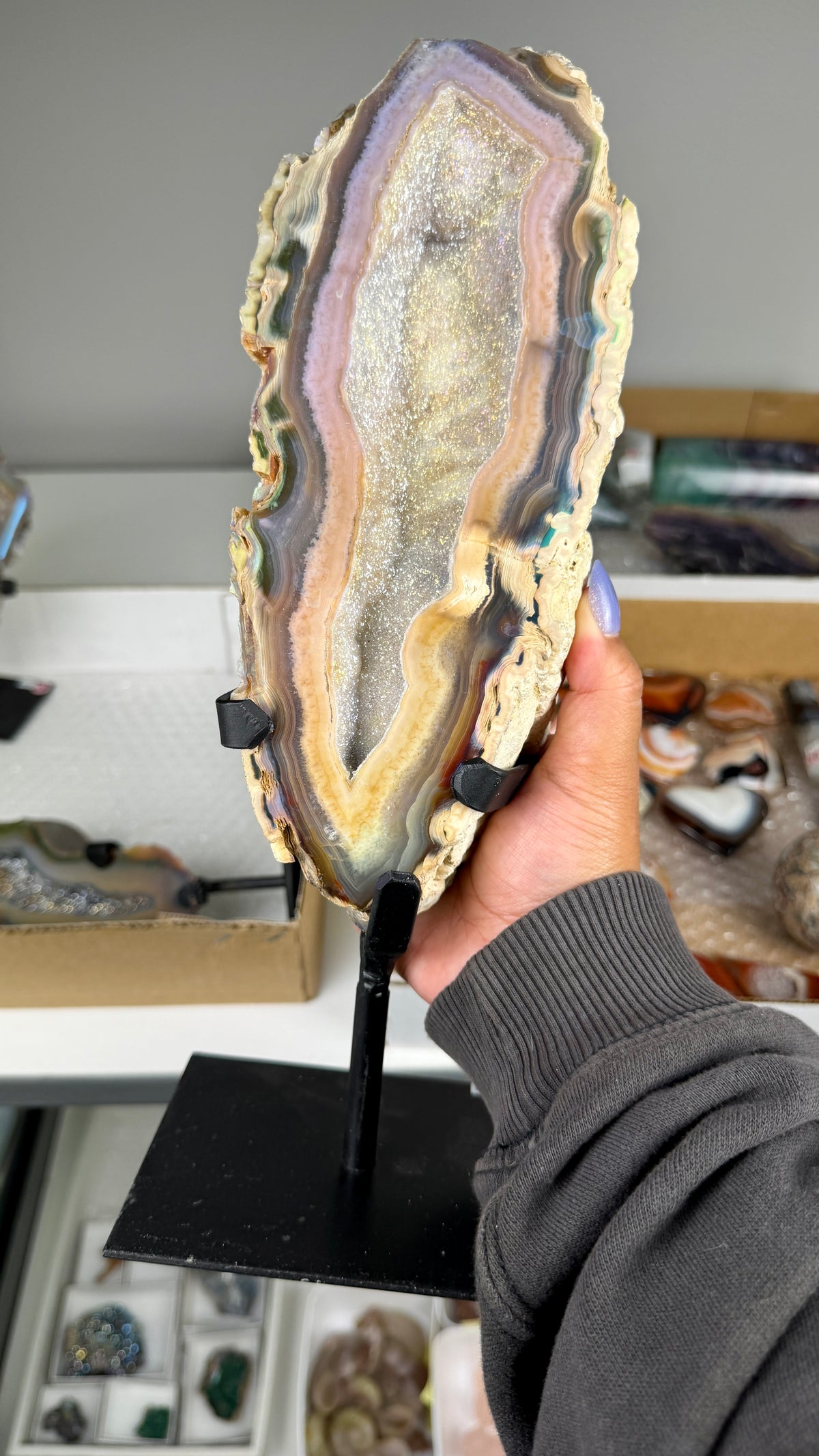 Gorgeous Aura Agate Geode on Stand with Druzy | Brazil | Opt 46