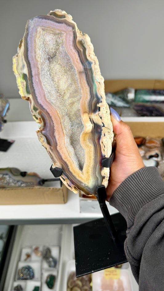 Gorgeous Aura Agate Geode on Stand with Druzy | Brazil | Opt 46