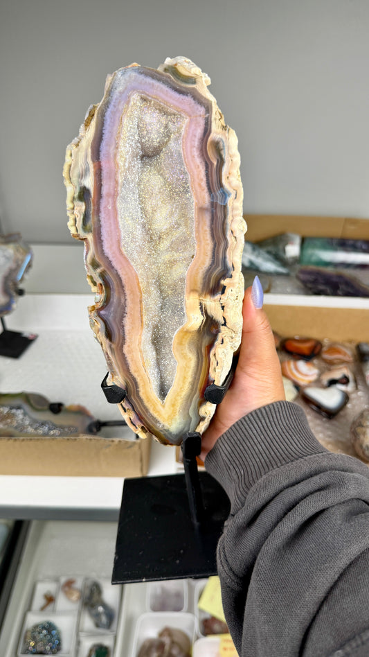 Gorgeous Aura Agate Geode on Stand with Druzy | Brazil | Opt 46