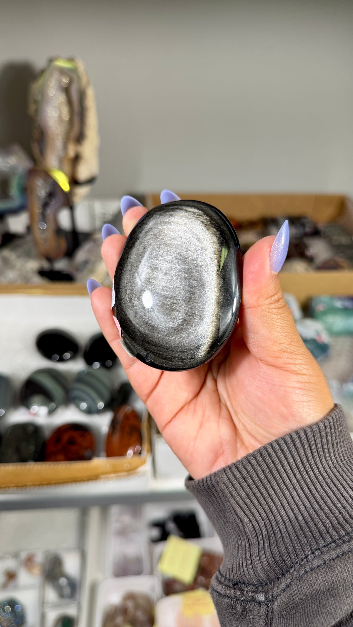 Gorgeous Silver Sheen Obsidian Palm Stone | Opt 77