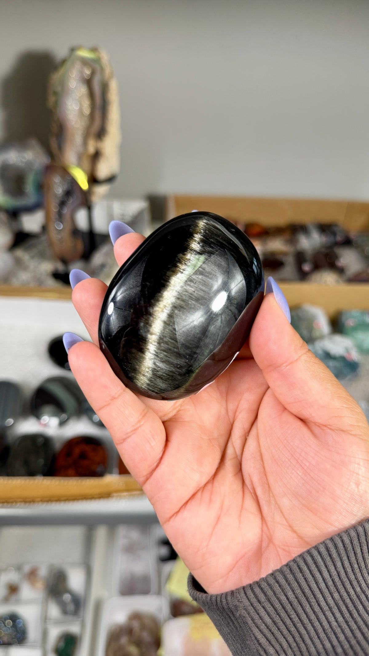 Gorgeous Silver Sheen Obsidian Palm Stone | Opt 77