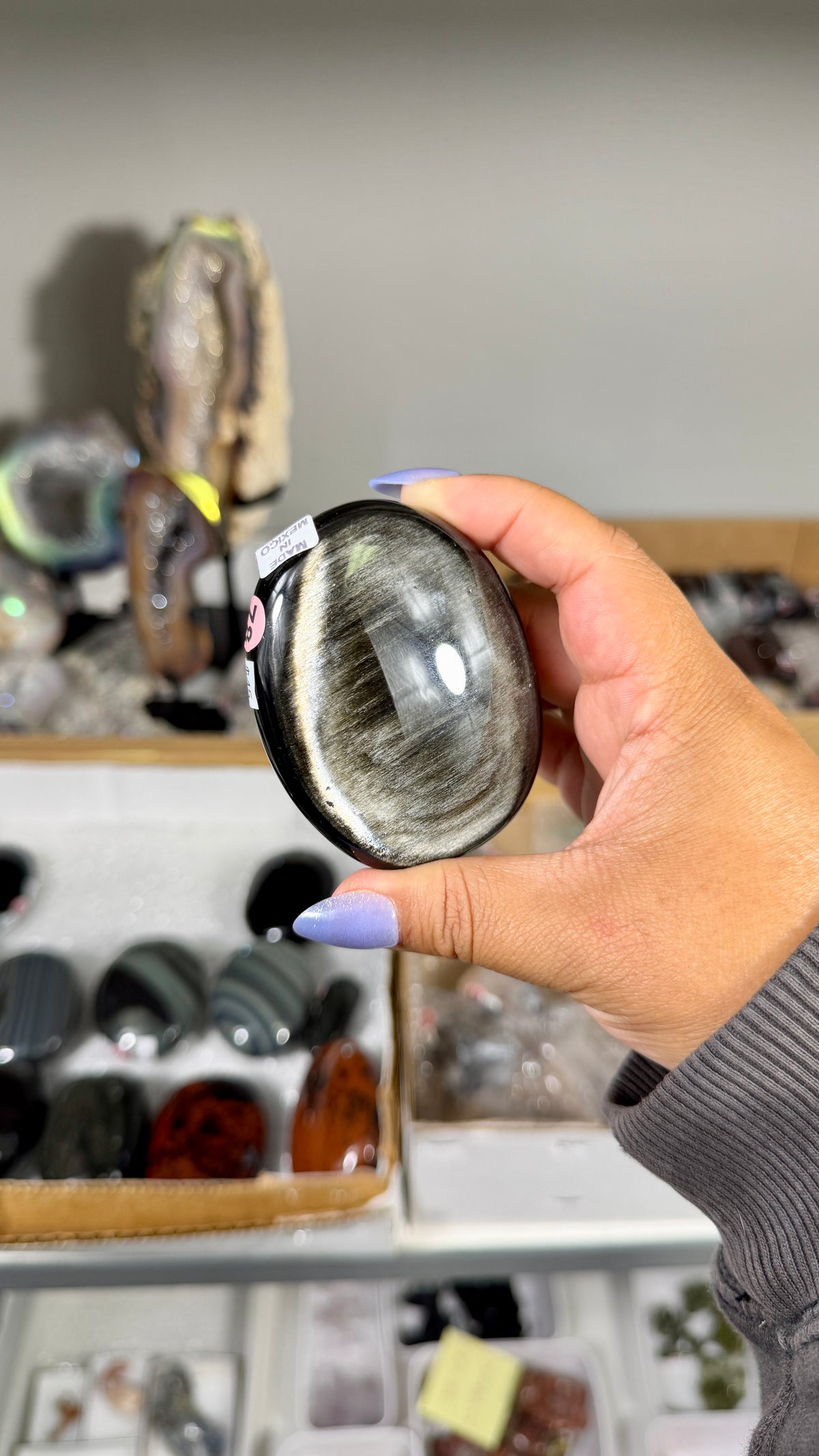 Gorgeous Silver Sheen Obsidian Palm Stone | Opt 78