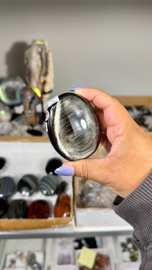 Gorgeous Silver Sheen Obsidian Palm Stone | Opt 78
