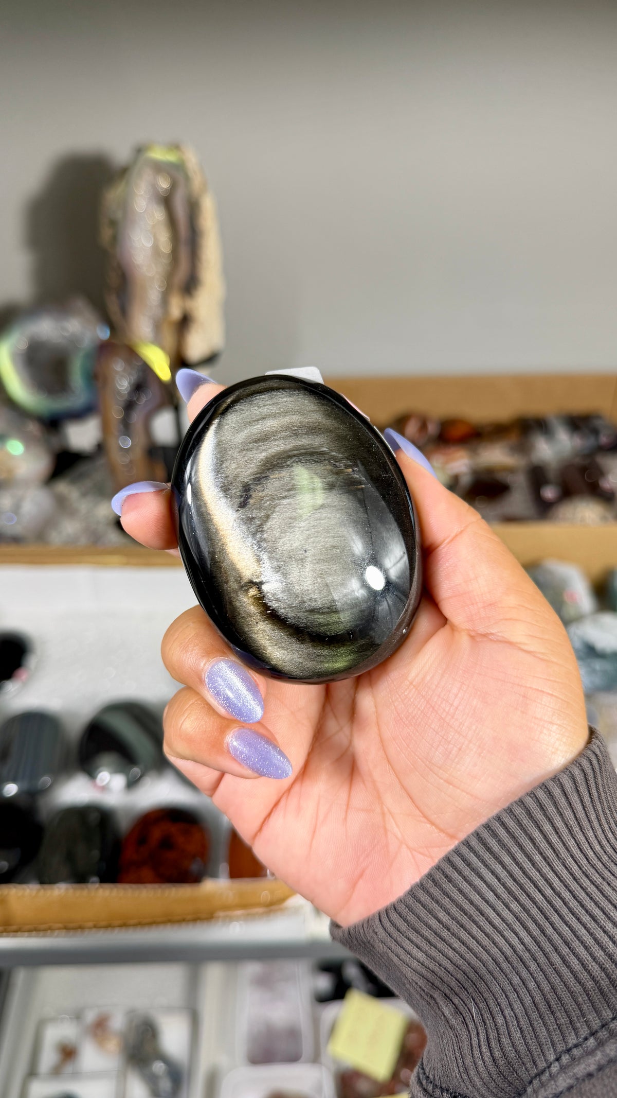 Gorgeous Silver Sheen Obsidian Palm Stone | Opt 78