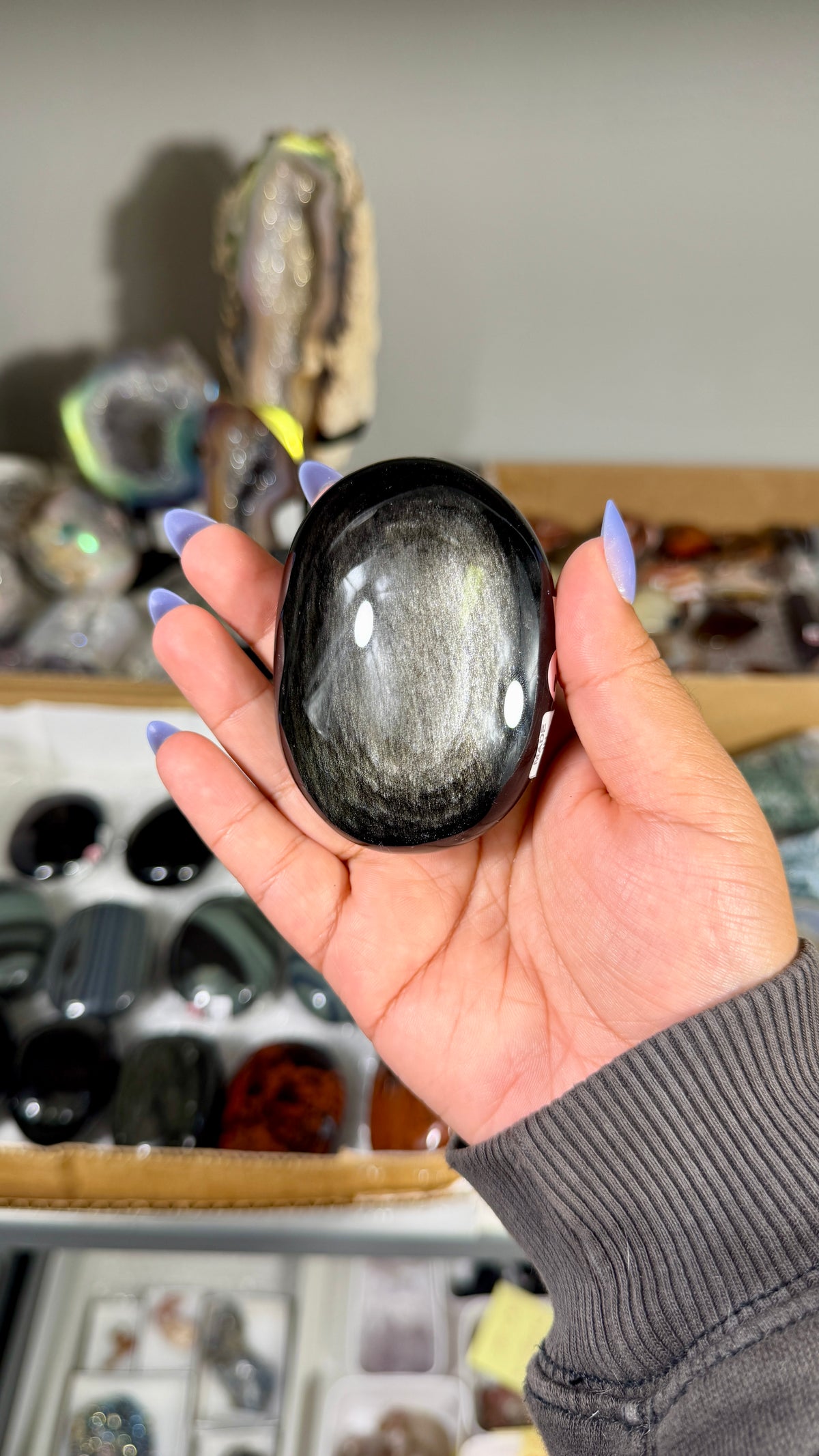 Gorgeous Silver Sheen Obsidian Palm Stone | Opt 76
