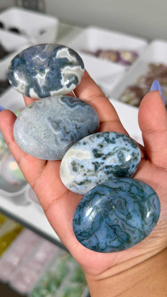 One (1) Gorgeous Blue Moss Agate Palm Stone | Intuitively Chosen