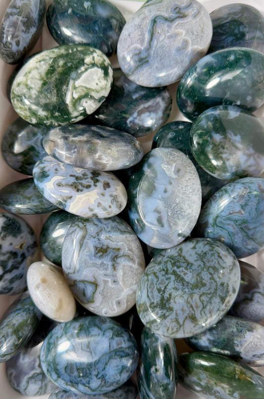 One (1) Gorgeous Blue Moss Agate Palm Stone | Intuitively Chosen
