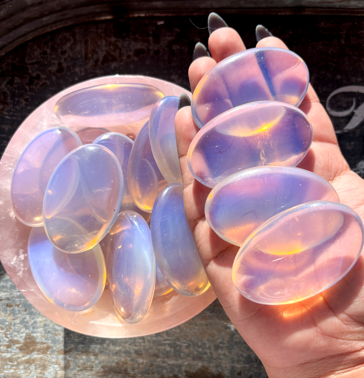 One (1) Pink Opalite Palm Stone, Intuitively Chosen