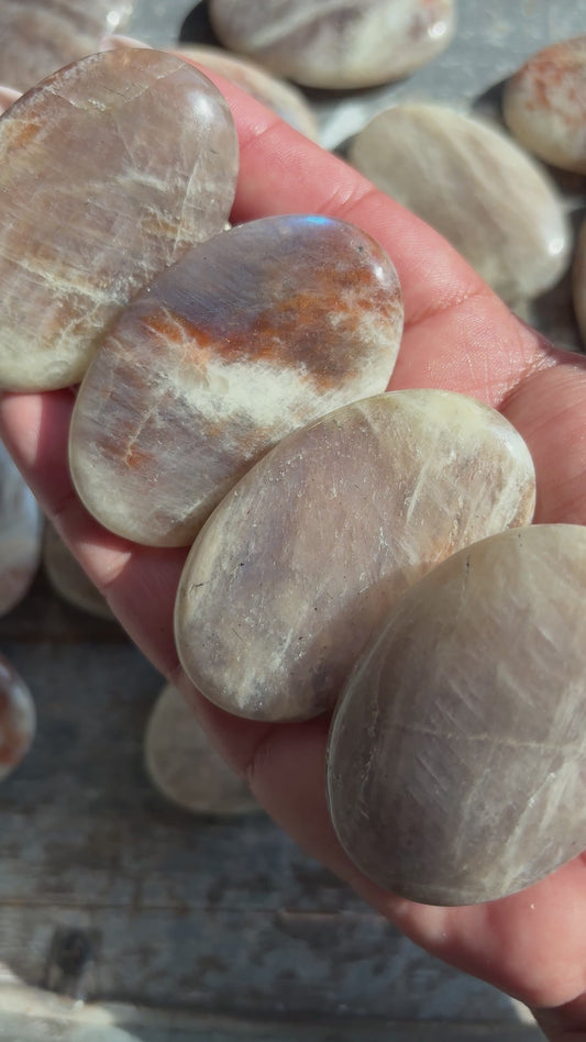 One (1) Moonstone/Sun Stone Palm Stone | Intuitively Chosen
