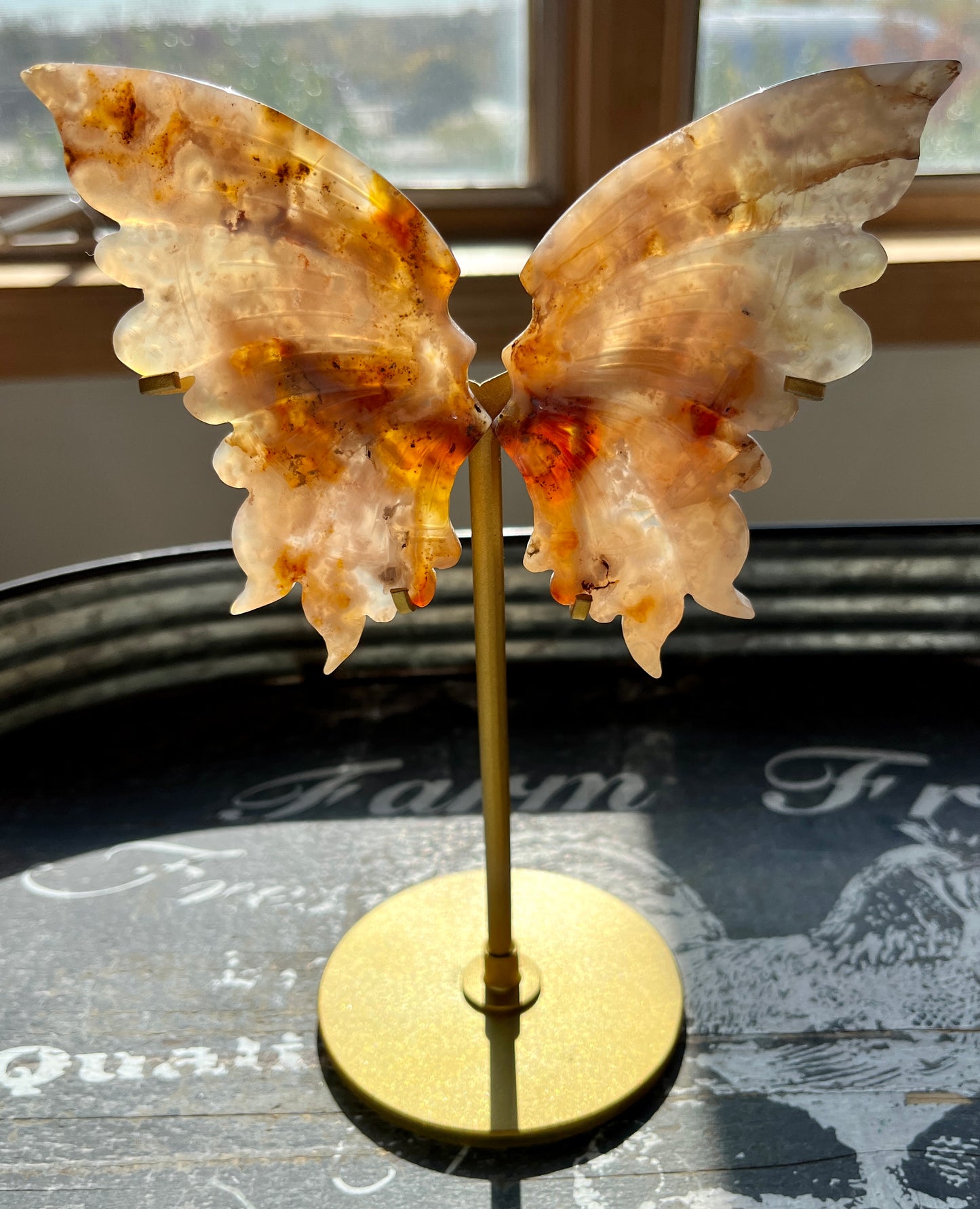 Gorgeous Hand Carved Flower Agate in Quartz Wings on Gold Stand