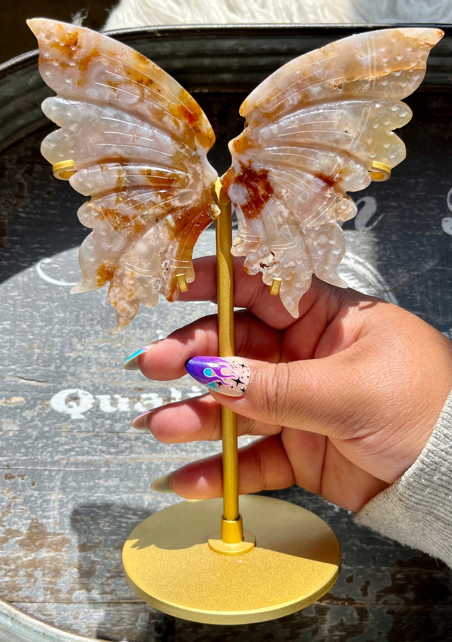 Gorgeous Hand Carved Flower Agate in Quartz Wings on Gold Stand