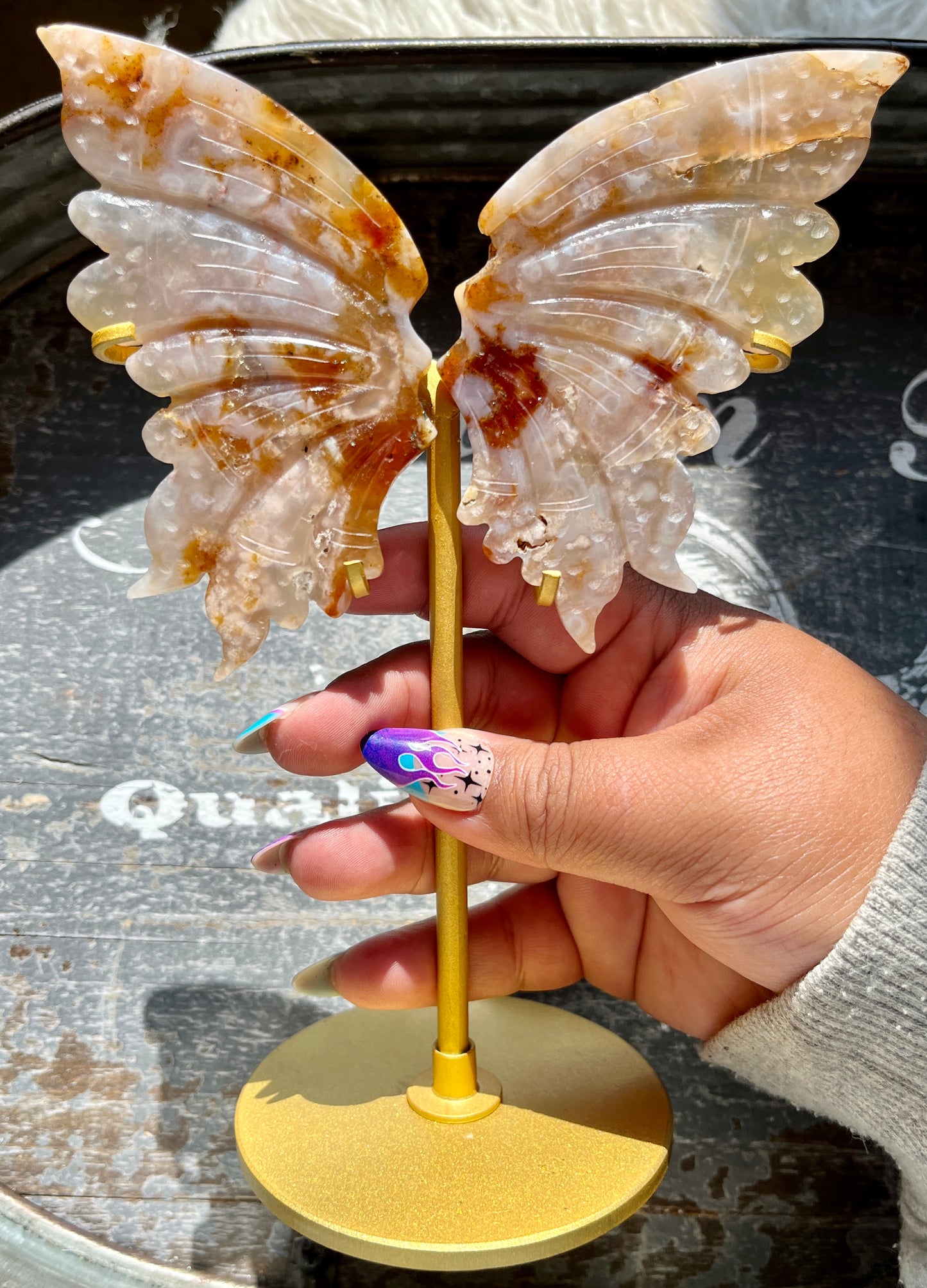 Gorgeous Hand Carved Flower Agate in Quartz Wings on Gold Stand