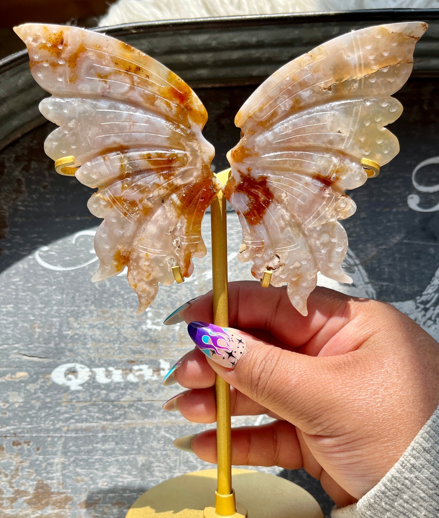 Gorgeous Hand Carved Flower Agate in Quartz Wings on Gold Stand