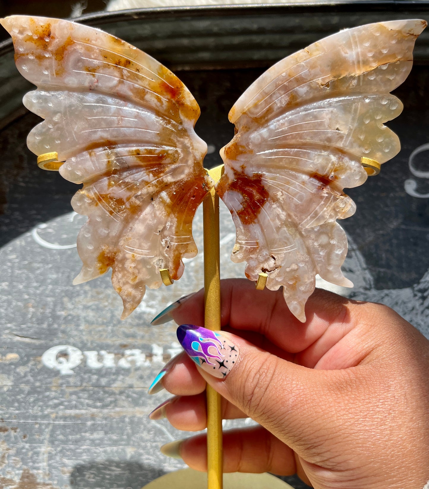 Gorgeous Hand Carved Flower Agate in Quartz Wings on Gold Stand