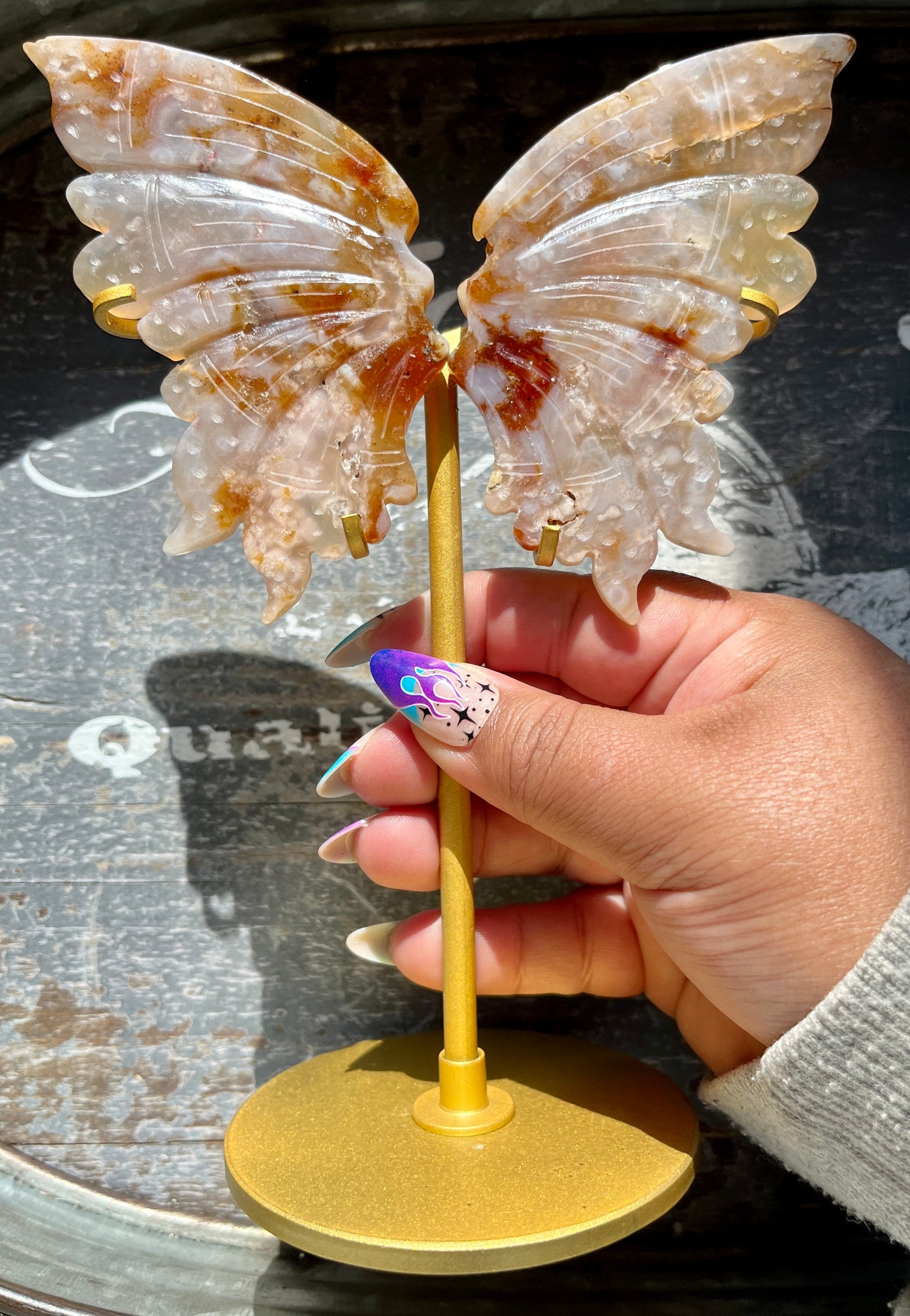 Gorgeous Hand Carved Flower Agate in Quartz Wings on Gold Stand