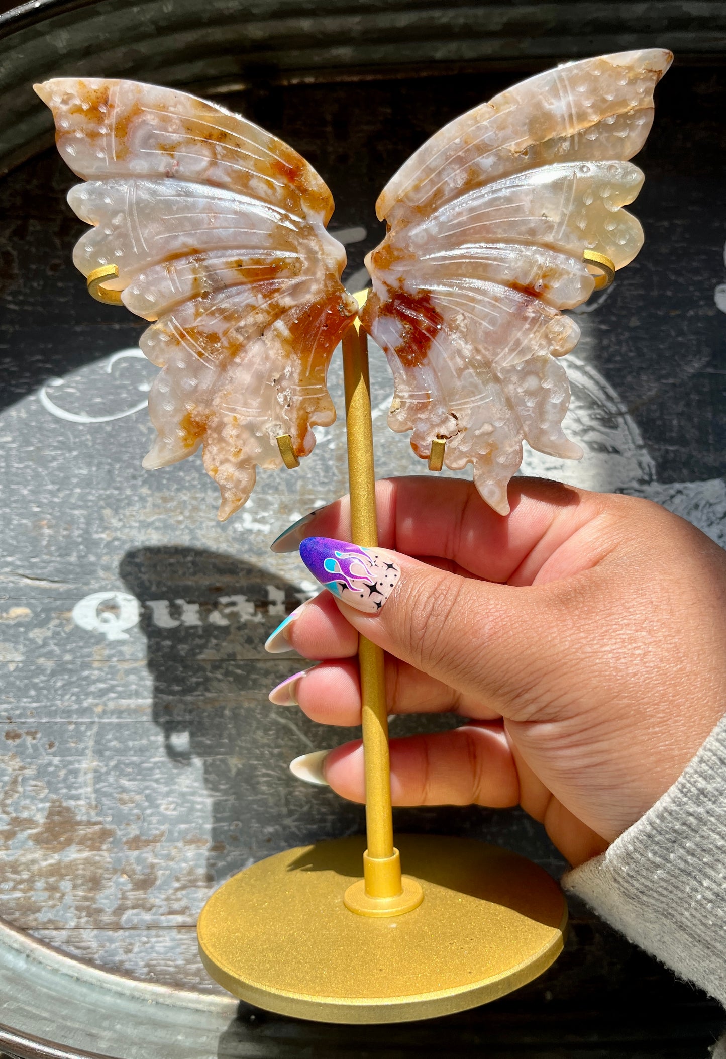 Gorgeous Hand Carved Flower Agate in Quartz Wings on Gold Stand