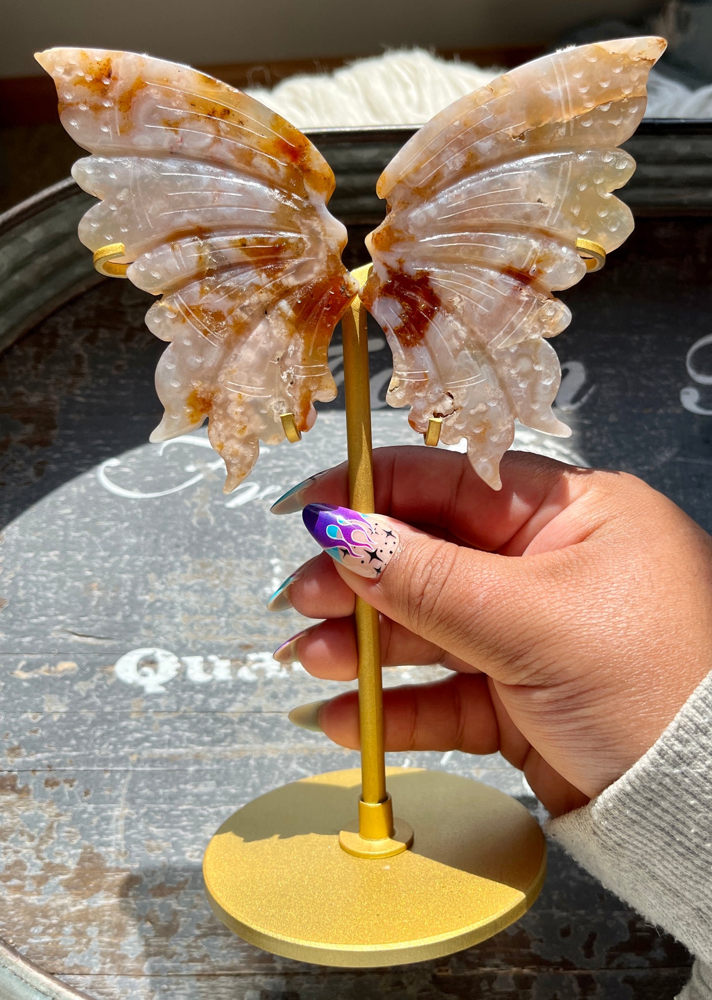 Gorgeous Hand Carved Flower Agate in Quartz Wings on Gold Stand