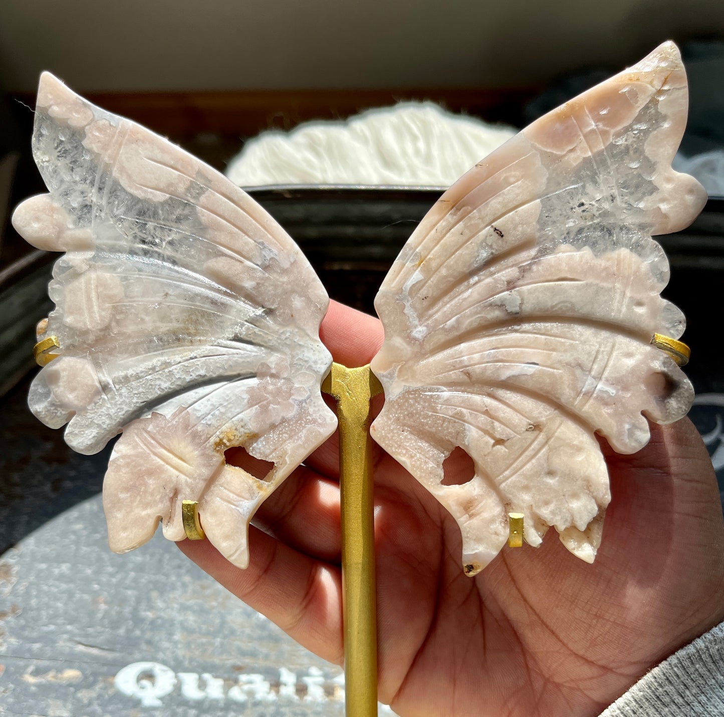 Gorgeous Hand Carved Flower Agate in Quartz Wings on Gold Stand