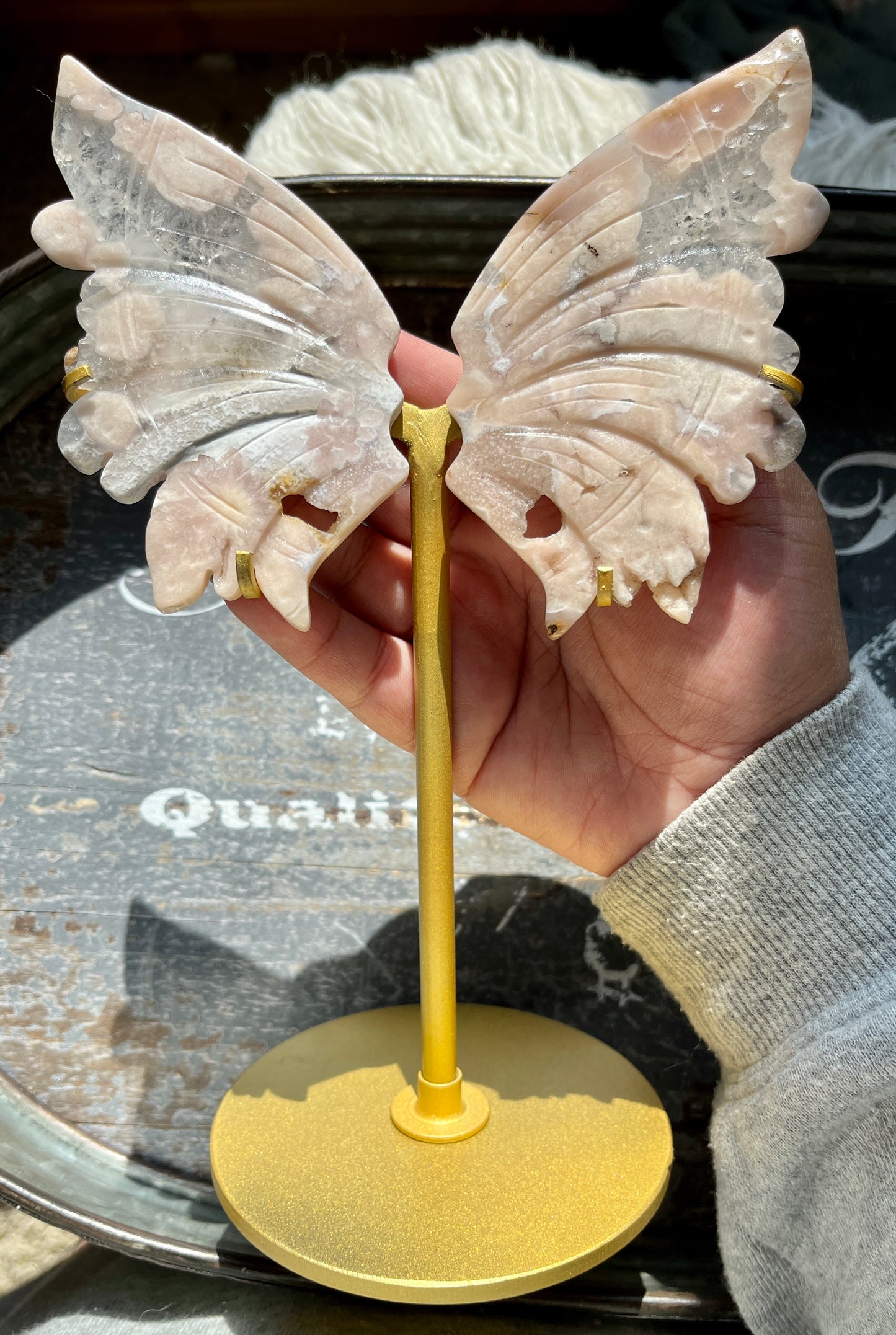 Gorgeous Hand Carved Flower Agate in Quartz Wings on Gold Stand