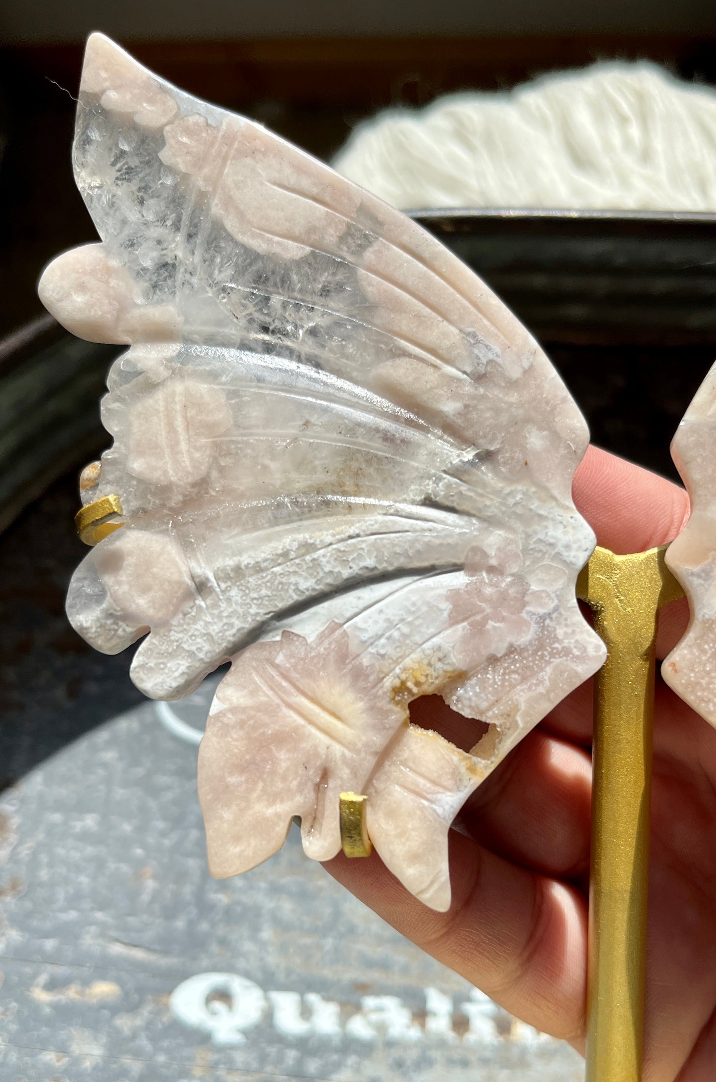 Gorgeous Hand Carved Flower Agate in Quartz Wings on Gold Stand