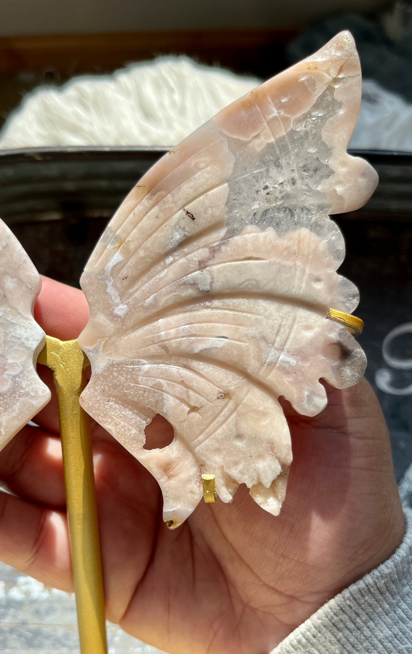 Gorgeous Hand Carved Flower Agate in Quartz Wings on Gold Stand