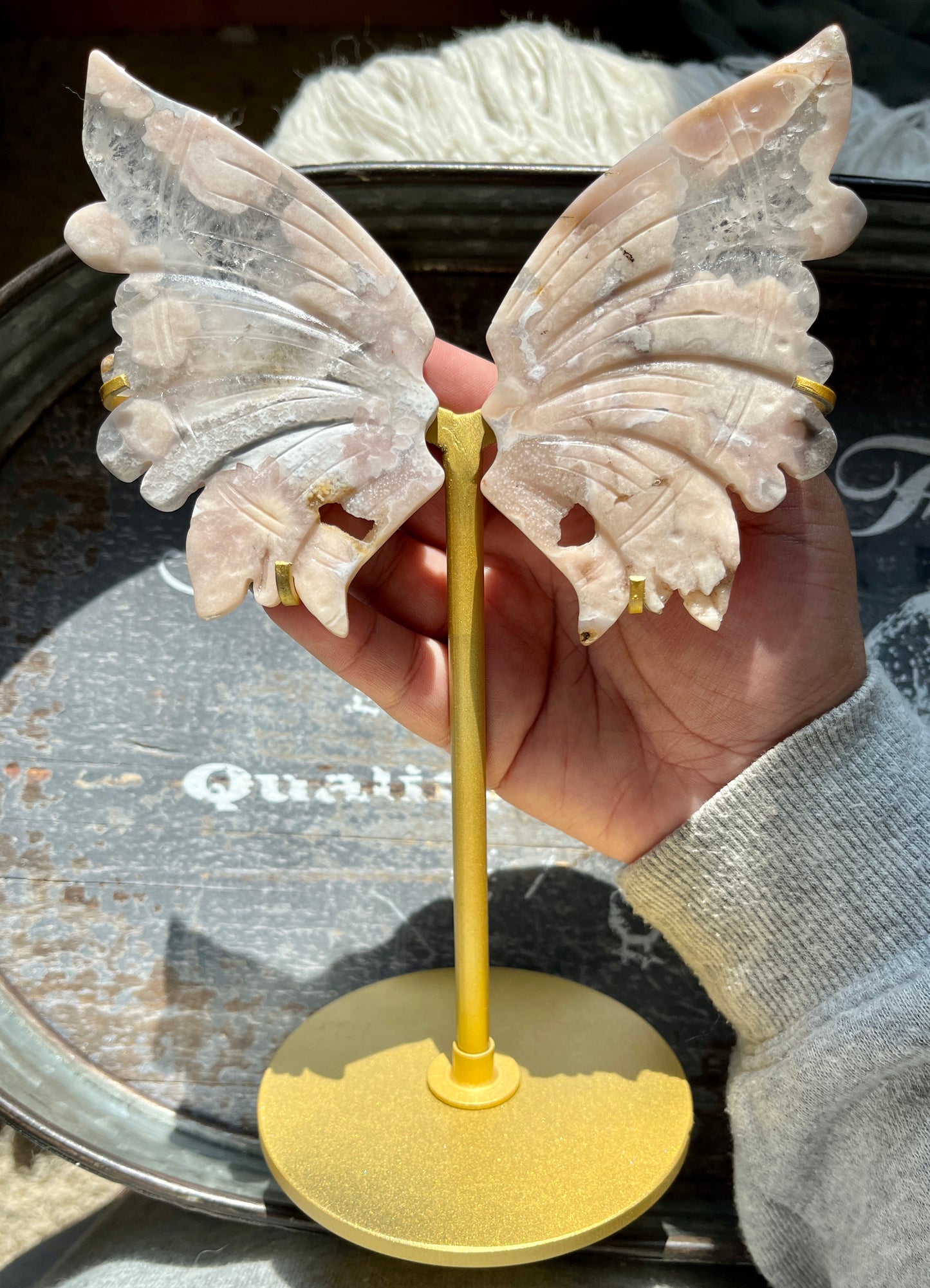 Gorgeous Hand Carved Flower Agate in Quartz Wings on Gold Stand