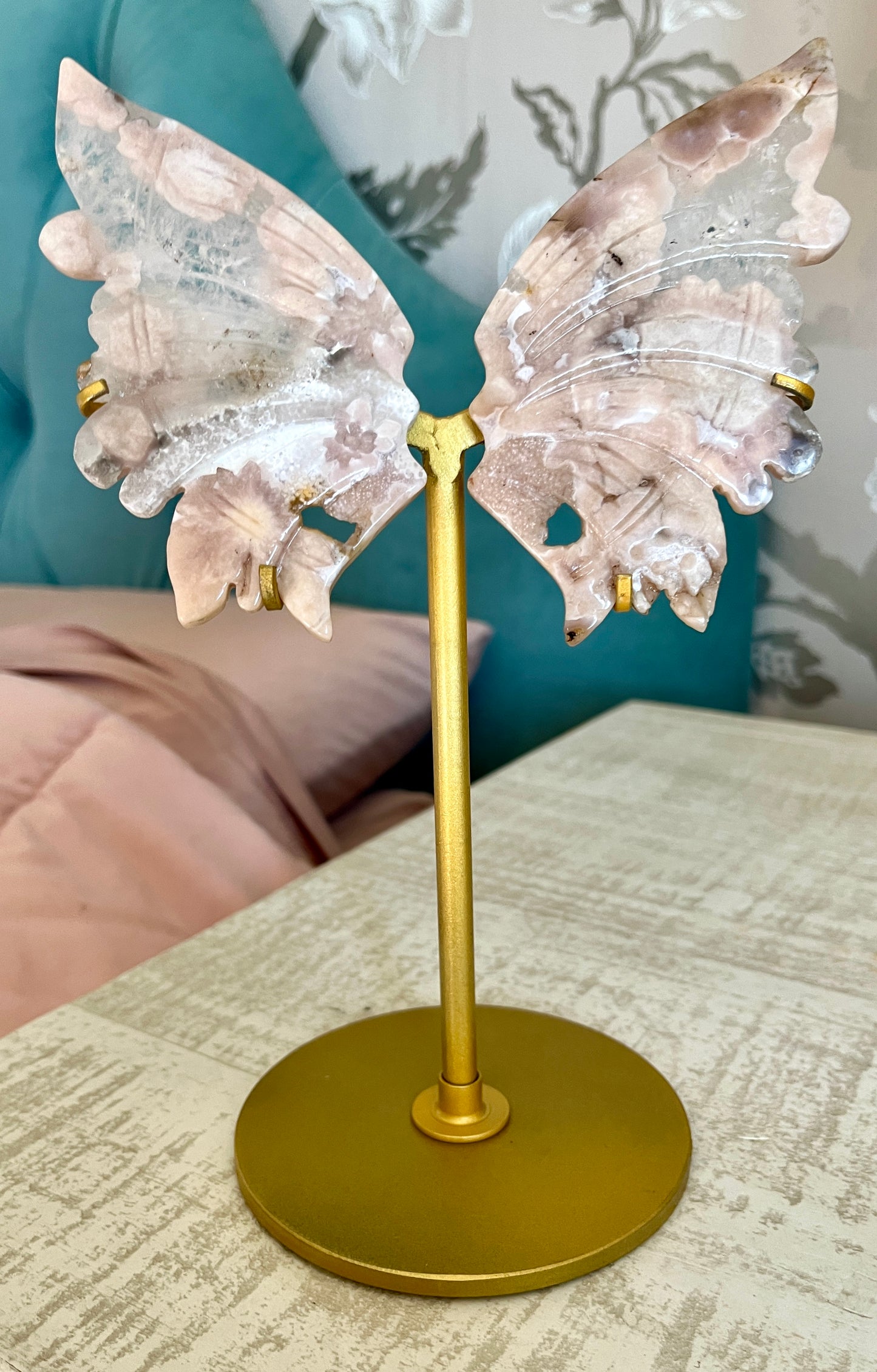 Gorgeous Hand Carved Flower Agate in Quartz Wings on Gold Stand