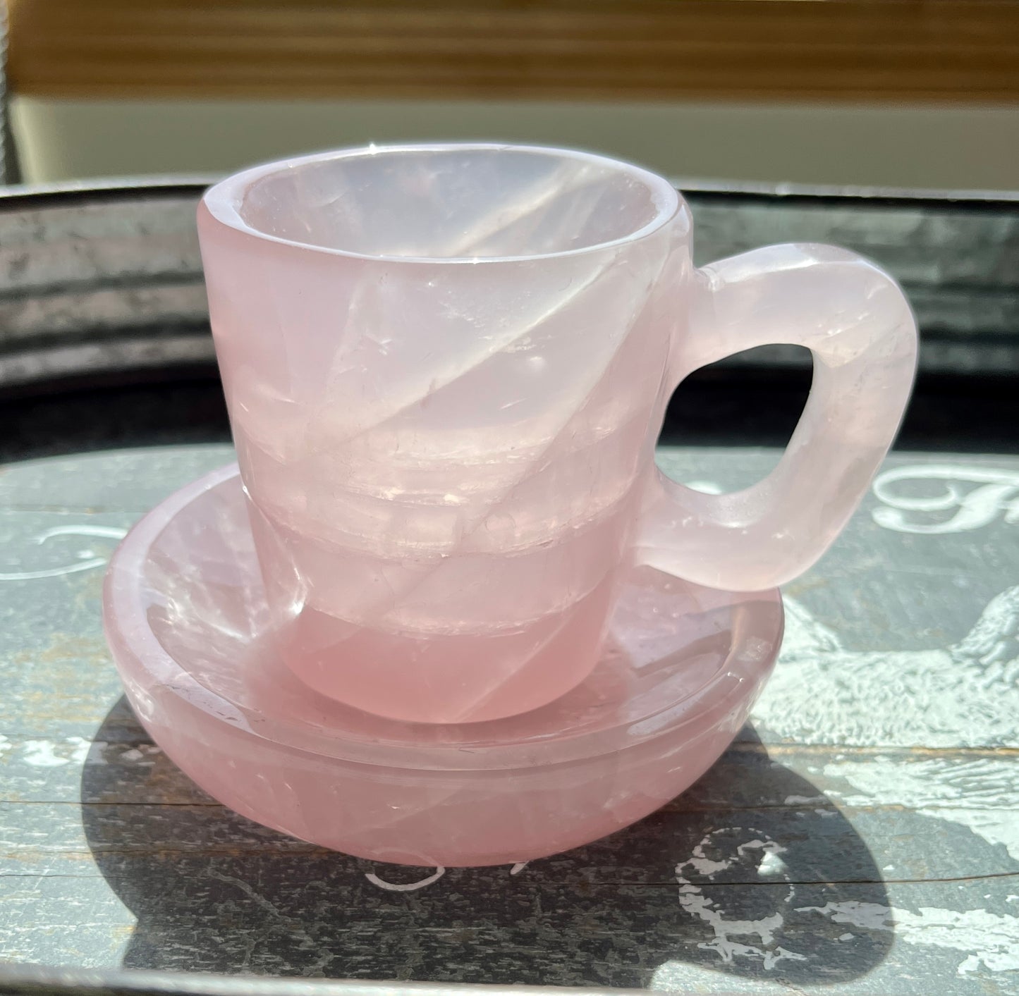 Gorgeous Hand Carved Rose Quartz Cup and Dish Set from Brazil