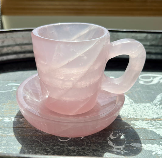 Gorgeous Hand Carved Rose Quartz Cup and Dish Set from Brazil