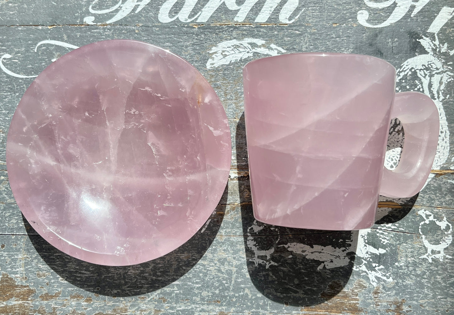 Gorgeous Hand Carved Rose Quartz Cup and Dish Set from Brazil