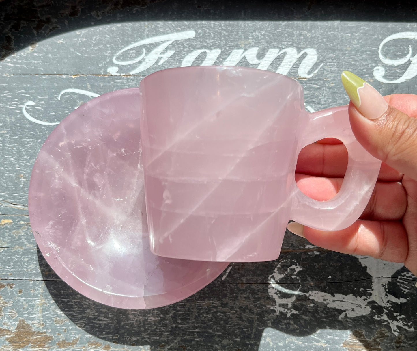 Gorgeous Hand Carved Rose Quartz Cup and Dish Set from Brazil