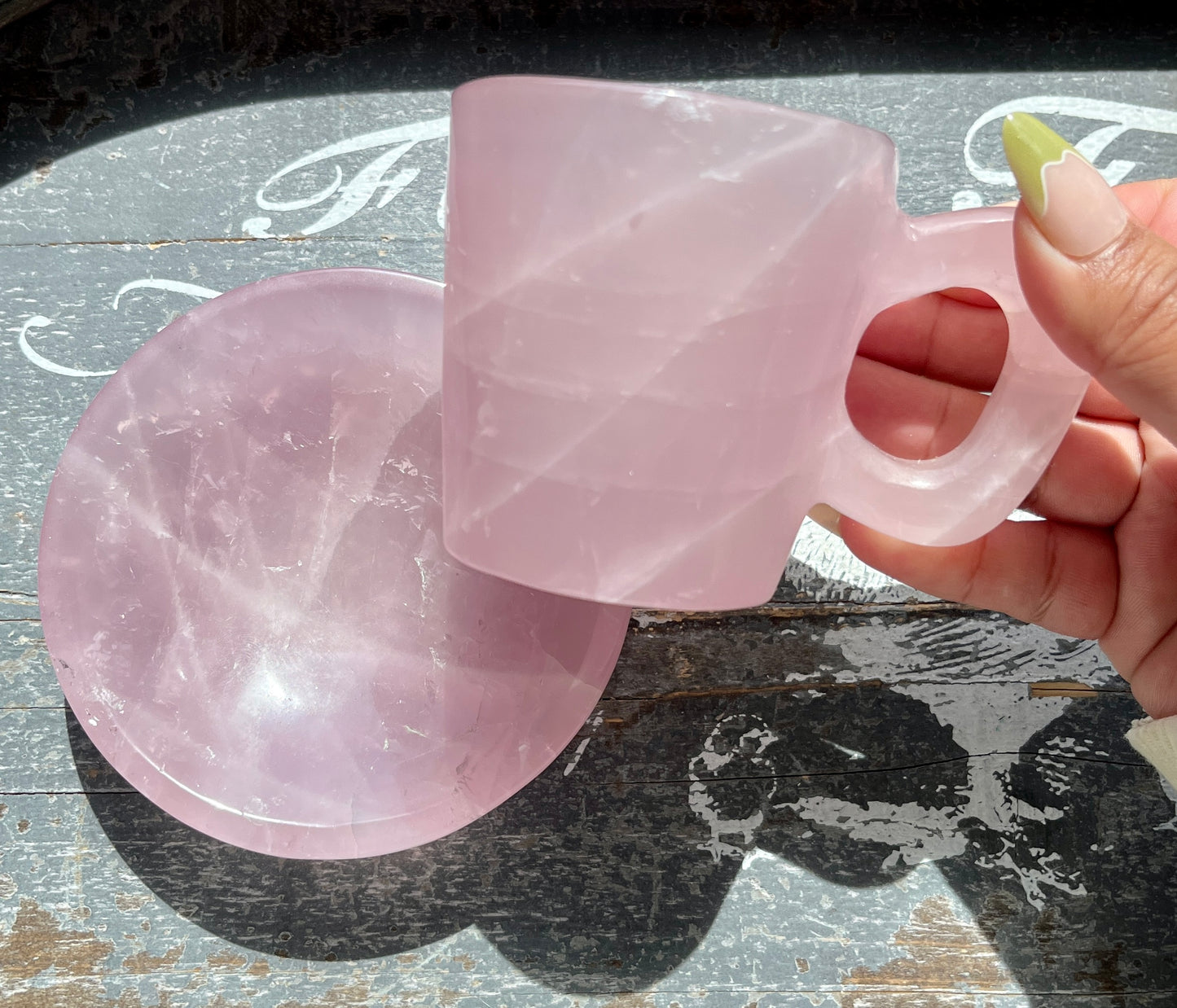 Gorgeous Hand Carved Rose Quartz Cup and Dish Set from Brazil