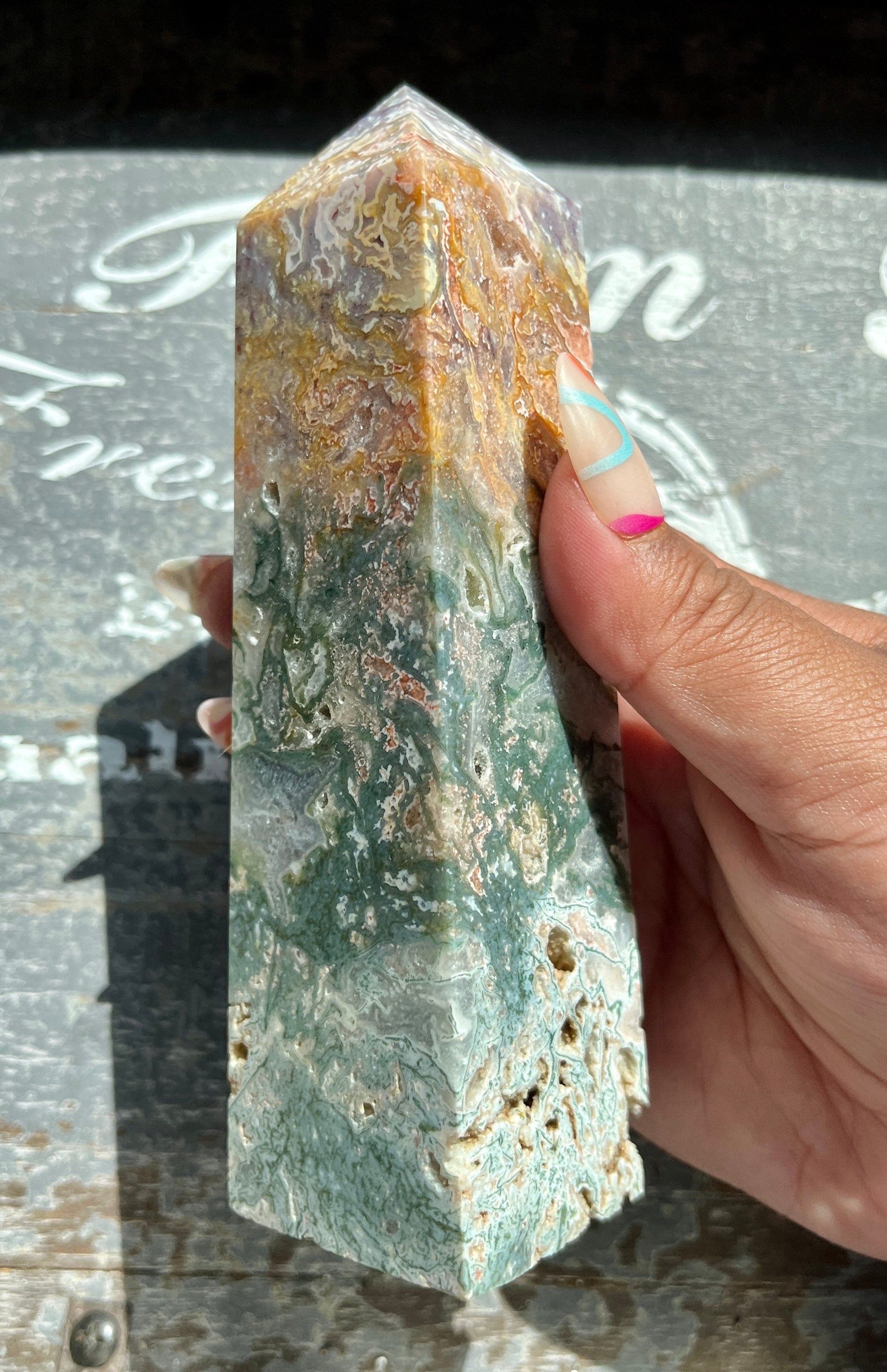 Gorgeous High Quality Colorful Moss Agate Obelisk