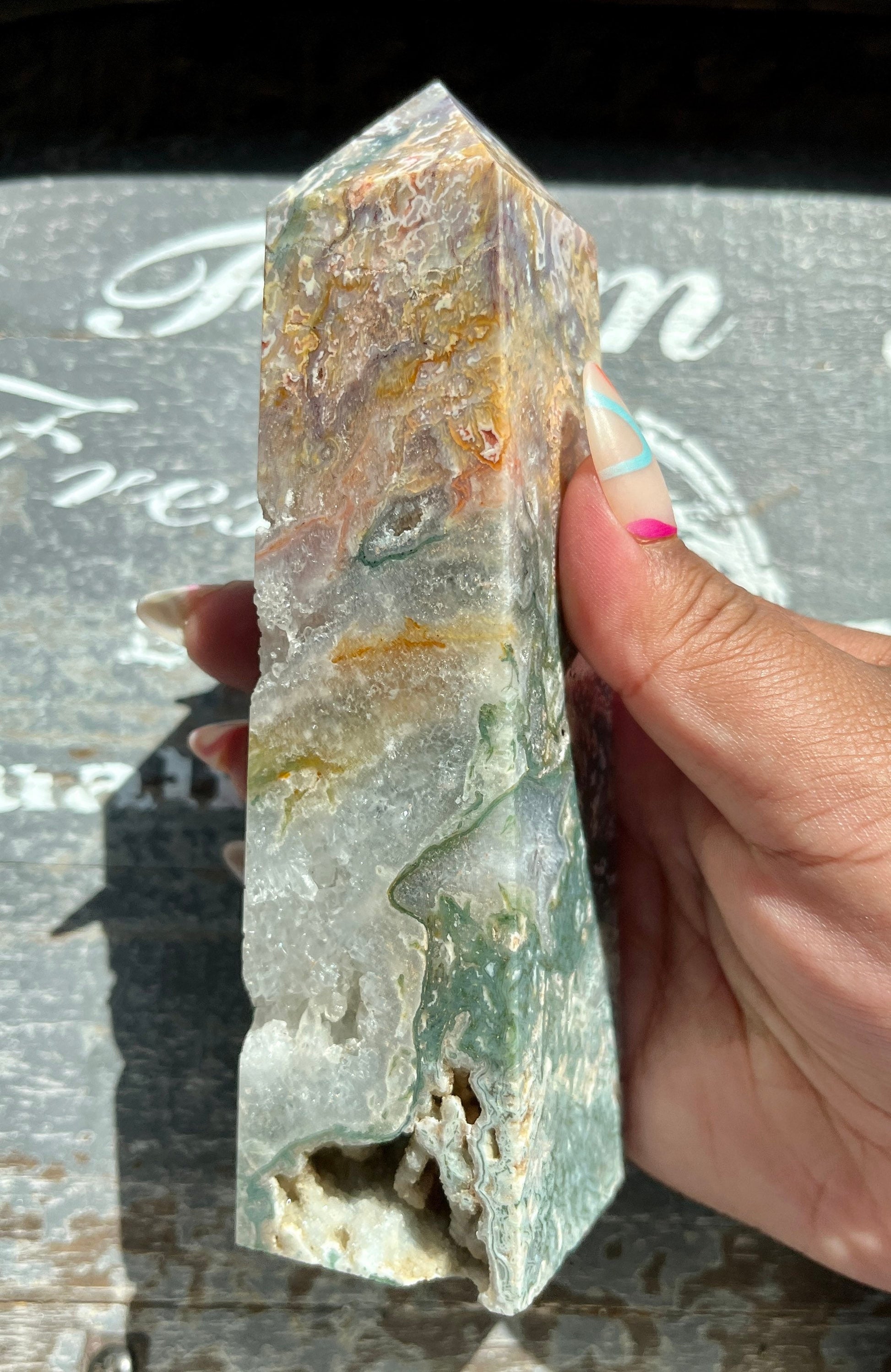 Gorgeous High Quality Colorful Moss Agate Obelisk