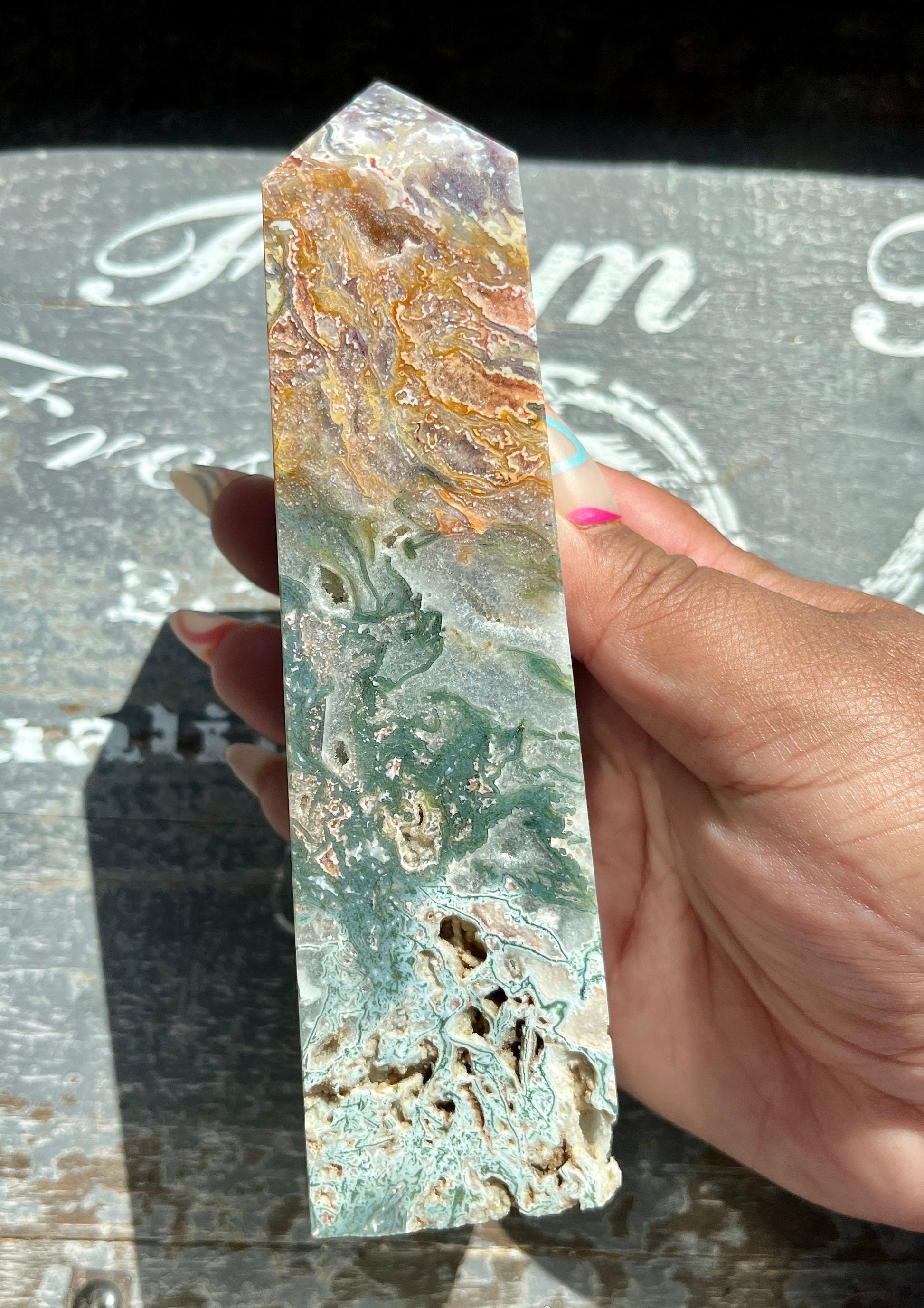 Gorgeous High Quality Colorful Moss Agate Obelisk