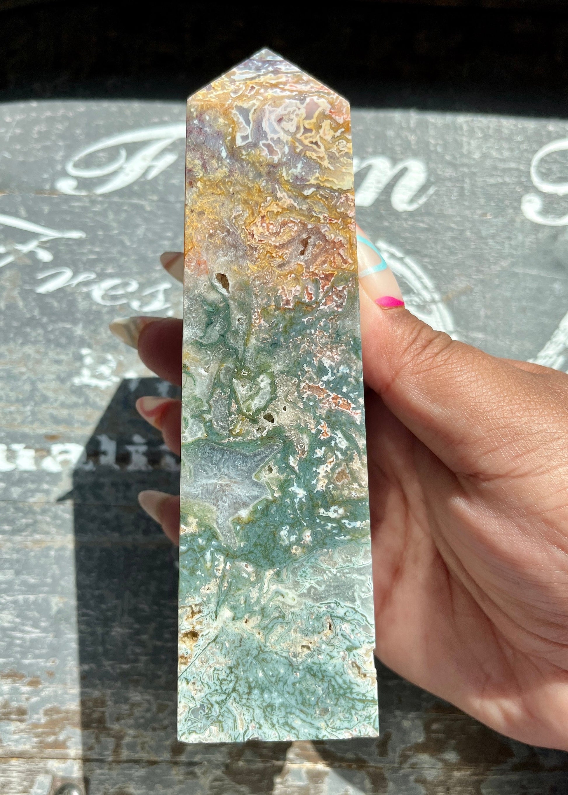 Gorgeous High Quality Colorful Moss Agate Obelisk